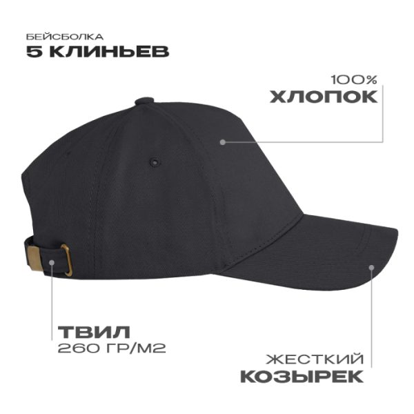 Бейсболка STAN 5 клиньев хлопок, 260, 112, Тёмно-серый Бейсболка STAN 5 клиньев хлопок, 260, 112, Тёмно-серый