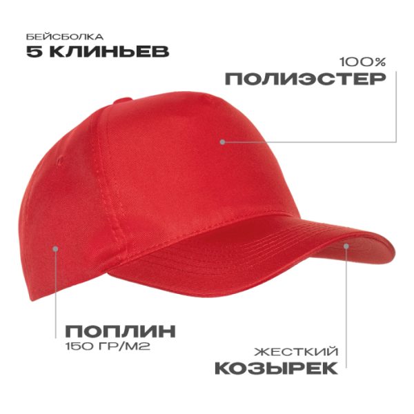 Бейсболка STAN 5 клиньев полиэстер 150, 10P, Красный Бейсболка STAN 5 клиньев полиэстер 150, 10P, Красный