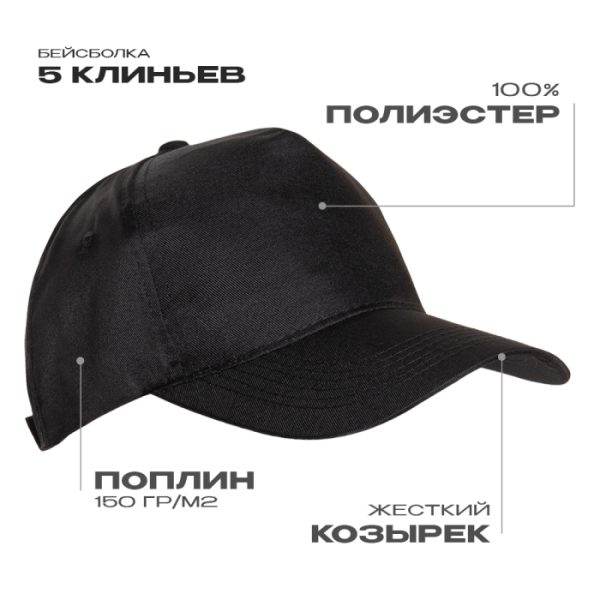 Бейсболка STAN 5 клиньев полиэстер 150, 10P, Чёрный