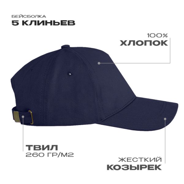 Бейсболка STAN 5 клиньев хлопок, 260, 112, Тёмно-синий Бейсболка STAN 5 клиньев хлопок, 260, 112, Тёмно-синий