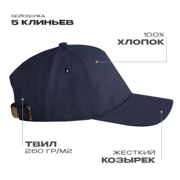 Бейсболка STAN 5 клиньев хлопок 260, 12, Тёмно-синий