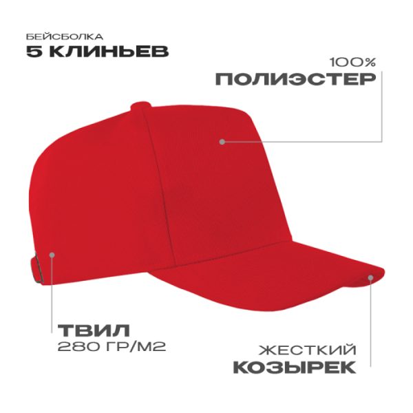 Бейсболка STAN 5 клиньев полиэстер 280, 20, Красный Бейсболка STAN 5 клиньев полиэстер 280, 20, Красный